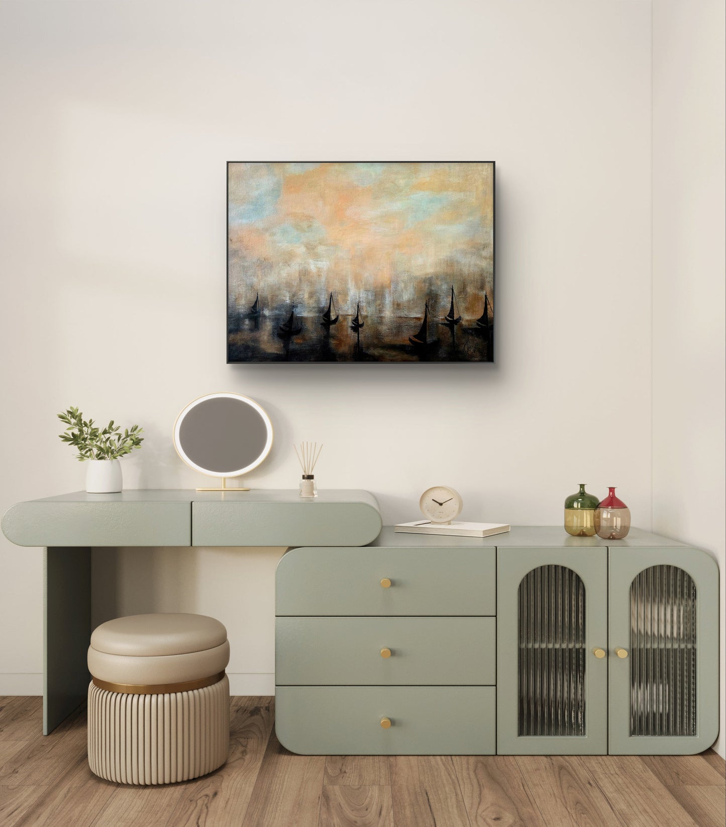 “Boats in Mist” – Original Acrylic Painting by Jasmina Mendoza