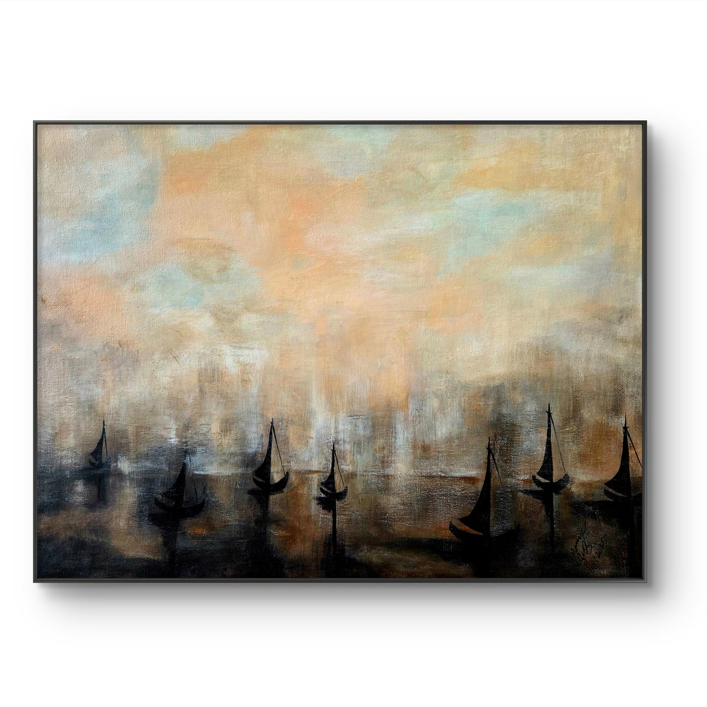 “Boats in Mist” – Original Acrylic Painting by Jasmina Mendoza | Art is my Universe
