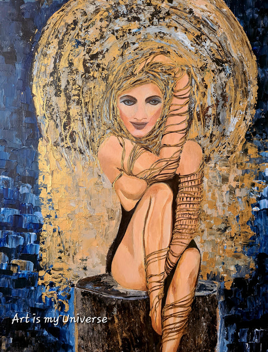 Aurora acrylic painting by Jasmina Mendoza, featuring a glowing central figure in golden threads against a deep blue background, with textured knife painting and glazing technique