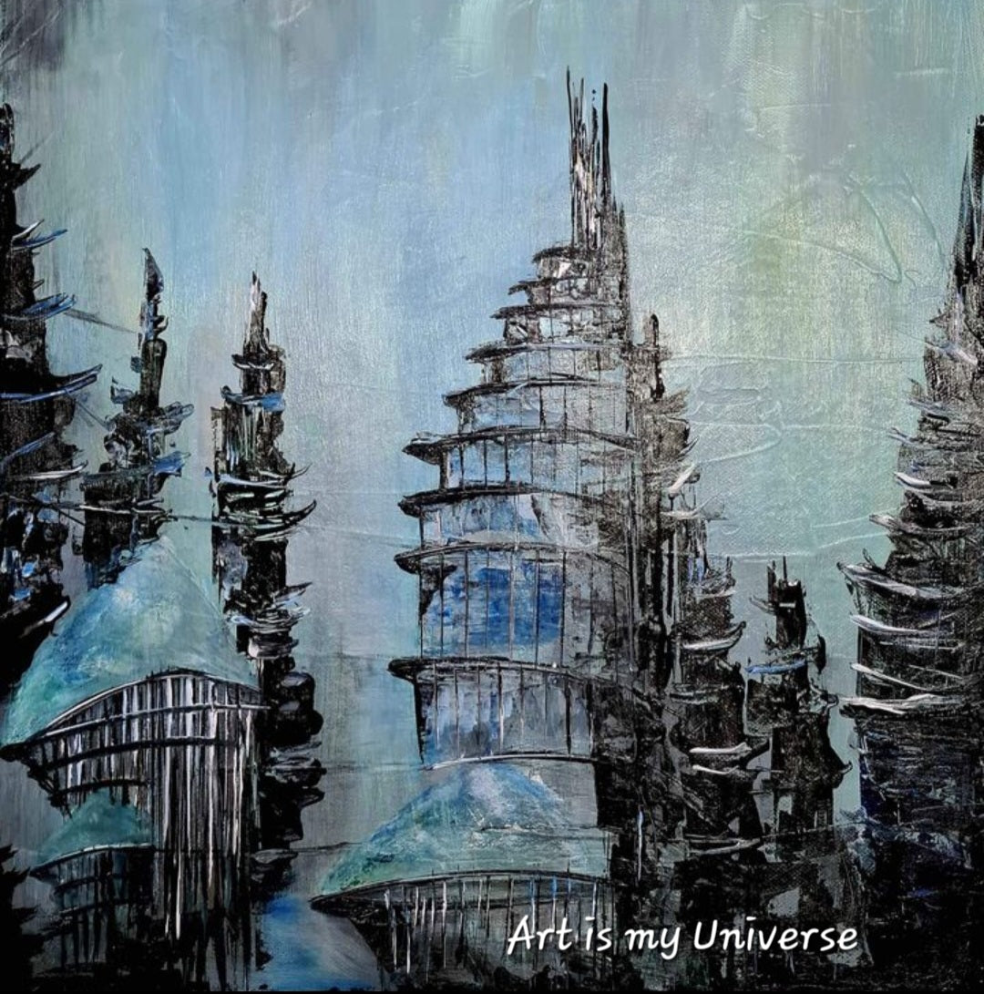 Abstract acrylic painting titled 'Back in the Future' featuring futuristic, tiered buildings against a blue and green background.