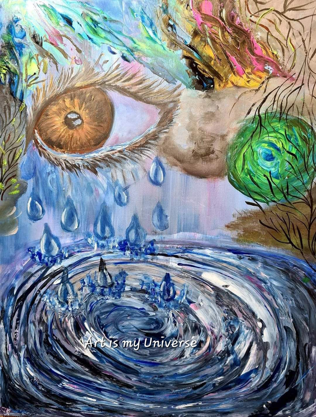 Surreal acrylic painting titled "An Artist's Tears," featuring a large eye, cascading tears, and a symbolic green portal.