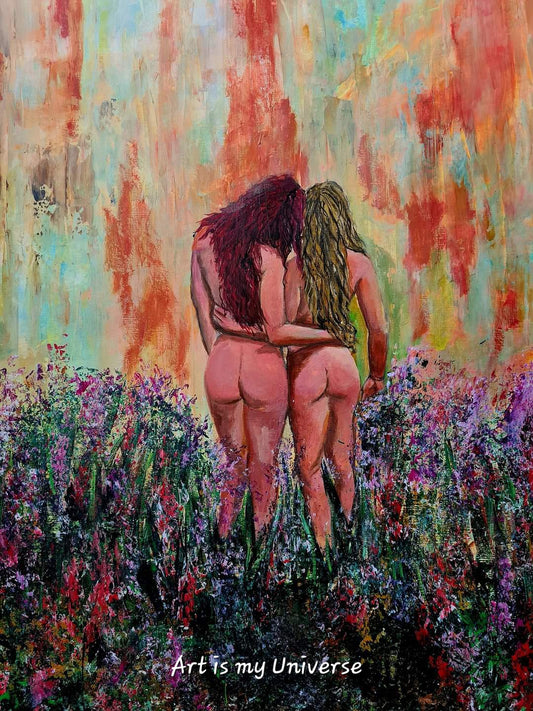 Acrylic painting titled 'Best Friends,' featuring two women standing closely together with arms intertwined, against a vibrant abstract background