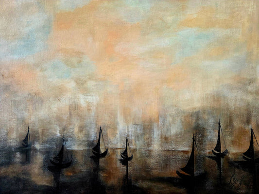 “Boats in Mist” – Original Acrylic Painting by Jasmina Mendoza | Art is my Universe